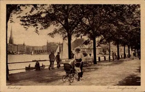 Ak Hamburg Mitte Altstadt, Neuer Jungfernstieg, Binnenalster, Frau mit Kinderwagen