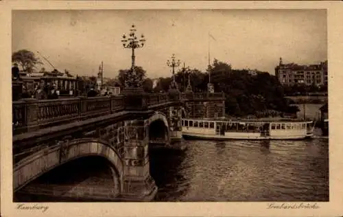 Ak Hamburg Mitte Altstadt, Lombardsbrücke,  Brücke, alte Fähre, stimmungsvolles Bild