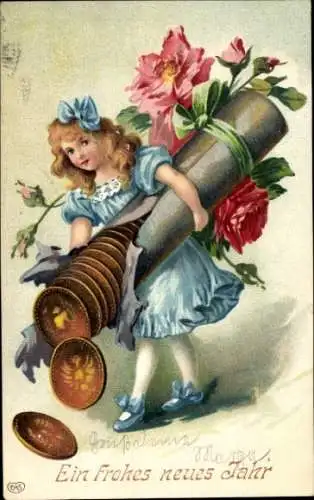 Ak Glückwunsch Neujahr, Mädchen, Münzen, Blumen