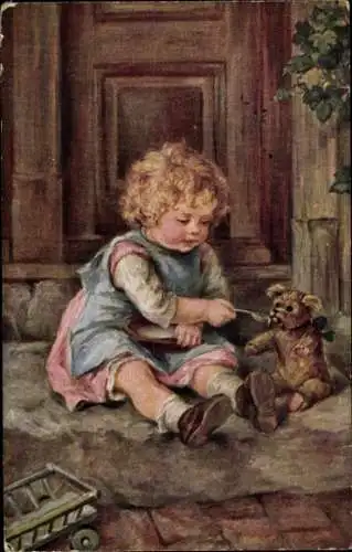 Künstler Ak Bärchen isst, Mädchen mit Teddy