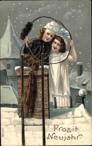 Litho Glückwunsch Neujahr, Schornsteinfeger