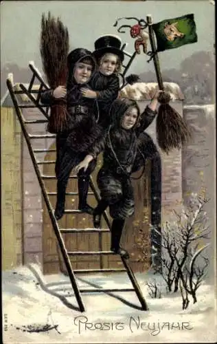 Präge Litho Glückwunsch Neujahr, Schornsteinfeger