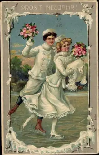 Winter Litho Glückwunsch Neujahr, Paar beim Eislaufen mit Blumen