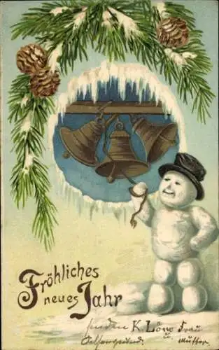 Ak Glückwunsch Neujahr, Schneemann, Glocken