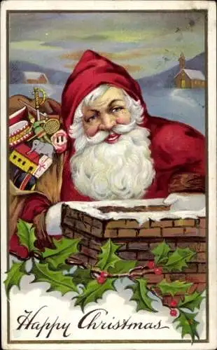 Ak Glückwunsch Weihnachten, Weihnachtsmann mit Geschenkesack, Schornstein, Stechpalmenzweige