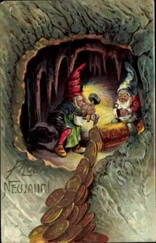 Litho Glückwunsch Neujahr, Zwerge, Münzen