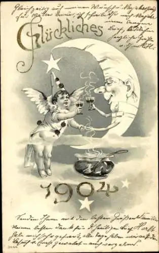 Präge Litho Glückwunsch Neujahr, Engel und Mond mit Punsch