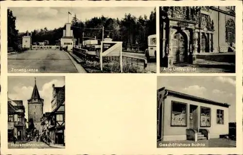 Ak Helmstedt in Niedersachsen, Zonengrenze, Alto Universität, Hausmannsturm, Geschäftshaus Buchta