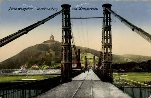 Ak Porta Westfalica an der Weser, Kettenbrücke, Wittekindsberg, grünes Landschaftsbild,  Brücke
