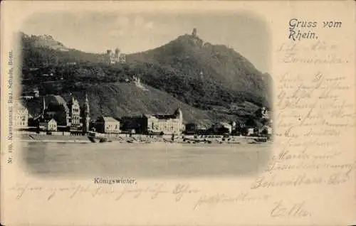 Ak Königswinter am Rhein, Ansicht der Stadt  Rhein, Burgen im Hintergrund