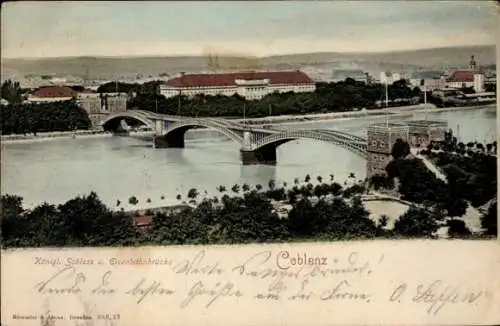 Ak Koblenz am Rhein, Kömigliches Schloss, Eisenbahnbrücke