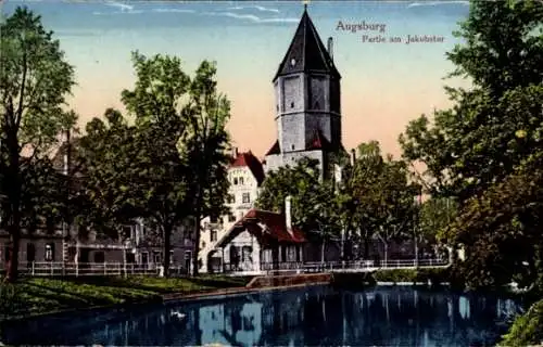Ak Augsburg in Schwaben,  Partie am Jakobstor, r Wasserturm, Garten, Fluss