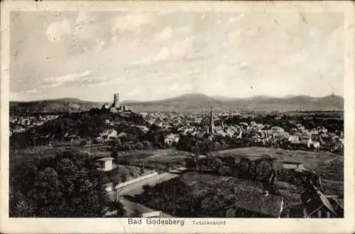 Ak Bad Godesberg Bonn am Rhein, Totalansicht der Stadt, Burg, Kirche, Landschaft, Himmel