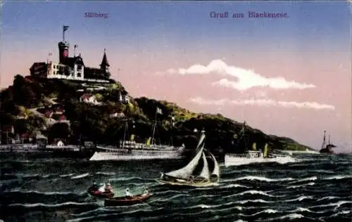 Ak Hamburg Altona Blankenese, Süllberg, Schiffe im Wasser, Segelboote, Hügel mit Gebäuden