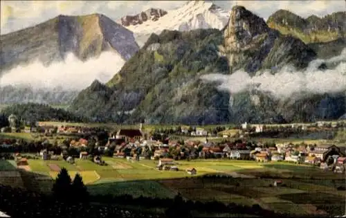 Künstler Ak V. Marschall, Oberammergau in Oberbayern, Teilansicht mit Kofel und Not