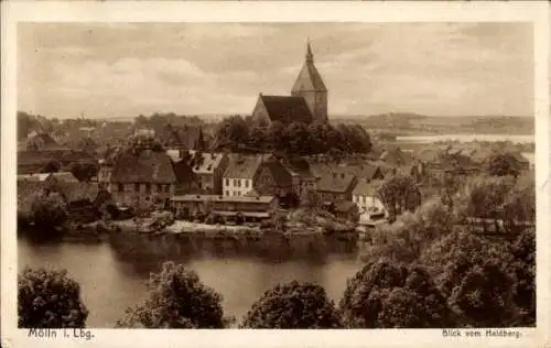 Ak Mölln im Herzogtum Lauenburg, Blick vom Heldberg, Stadtansicht,  Architektur, Wasser, Bäume