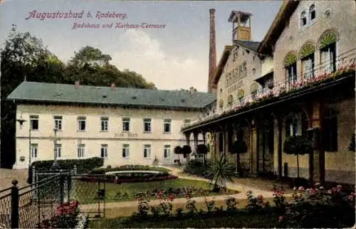 Ak Augustusbad Radeberg in Sachsen, Badehaus, Kurhaus-Cerrasse, Augustusbad, Garten