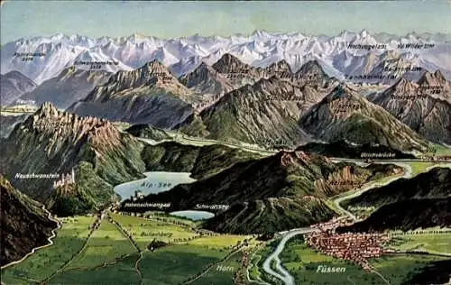 Ak Füssen im Ostallgäu, Berglandschaft, Alp See, Neuschwanstein, Hohenschwangau, Füssen