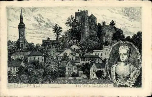 Ak Altstadt Stolpen in Sachsen, Burg, Kirche,  Architektur, Radierung, idyllische Landschaft