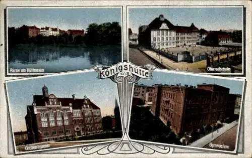 Ak Królewska Huta Chorzów Königshütte Schlesien, Hüttenteich, Oberrealschule, Gymnasium, Cecilien Ly