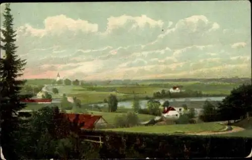 Ak Valka Walk Livland Lettland, Landschaftsansicht, Felder, Hügel, Häuser, Himmel mit Wolken