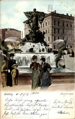 Ak Szczecin Stettin Pommern, Brunnen, Menschen in r Kleidung, Stadtansicht, Farbenfroh