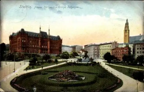 Ak Szczecin Stettin Pommern, Neuer Rathaus und Grüne Schanze