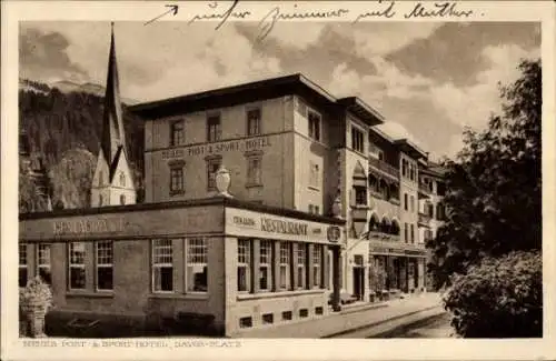 Ak Davos Dorf Kanton Graubünden, Neues Post- und Sporthotel, Restaurant, Berglandschaft, Kirche