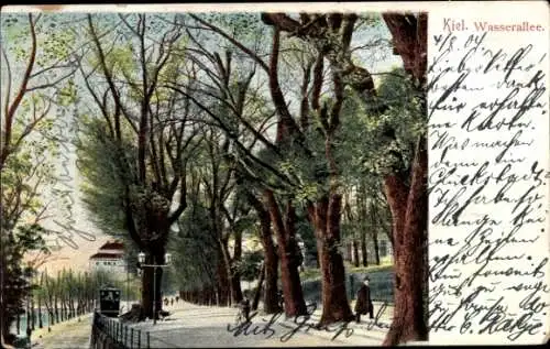 Ak Kiel, Kiel Wasserallee, Bäume, menschenleere Promenade,  Architektur