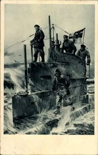 Künstler Ak Stöwer, Willy, Deutsches U Boot, auf dem Kommandoturm, U Boot Tag 1917