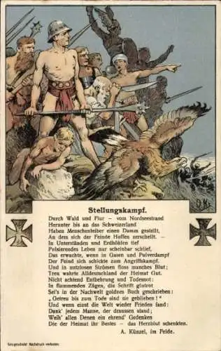 Künstler Ak Stellungskampf, Gedicht, Patriotik, Eisernes Kreuz