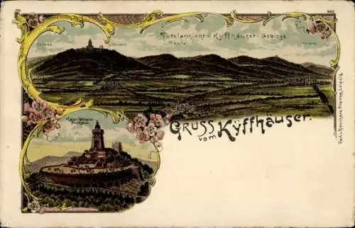 Litho Steinthaleben Kyffhäuserland in Thüringen, Kyffhäuser, Kaiser Wilhelm Denkmal, Panorama