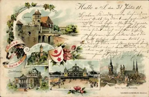 Litho Halle an der Saale, Moritzburg, Stadttheater, Bahnhof, Ruine Giebichenstein, Kirche, Wappen