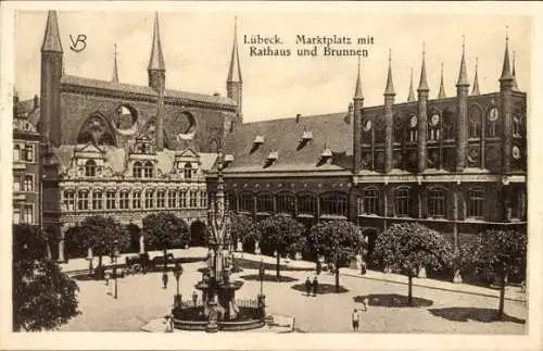 Ak Hansestadt Lübeck,  Marktplatz, Rathaus, Brunnen,  Architektur