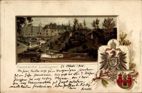 Präge Wappen Litho Magdeburg an der Elbe, Louisengarten