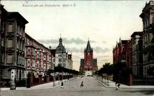 Ak Halle an der Saale, Kaiserstraße, Pauluskirche,  Architektur, Straßenansicht
