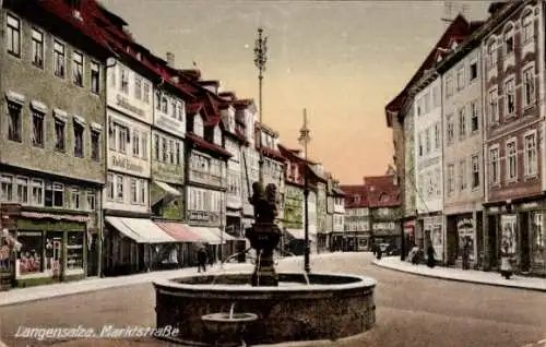 Ak Bad Langensalza in Thüringen, Marktstraße, Brunnenden,  Architektur, Geschäftshäuser