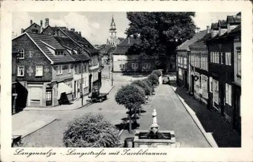 Ak Bad Langensalza in Thüringen, Stadtansicht, Langestraße, Tacobibrunnen,  Architektur