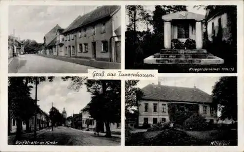 Ak Tunzenhausen Sömmerda in Thüringen, Dorfstraße m. Kirche, Kriegerdenkmal 1974/18, Landschaftsa