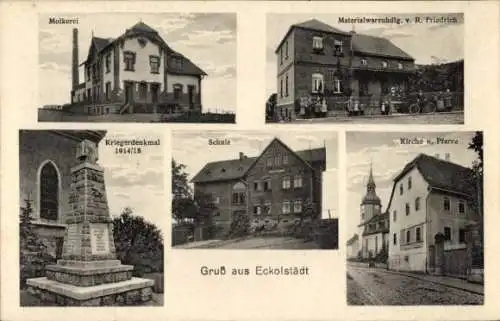 Ak Eckolstädt Bad Sulza in Thüringen, Molkerei, Materialwaren, Kriegerdenkmal 1914/18, Schule, Ki