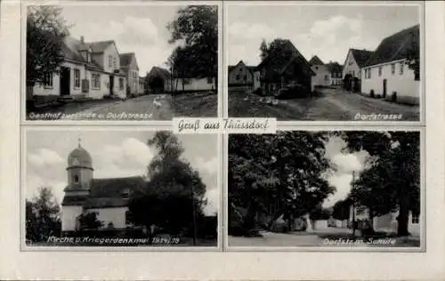 Ak Thüsdorf Eckartsberga, Gasthof zur Linde, Dorfstraße, Schule, Kirche, Kriegerdenkmal