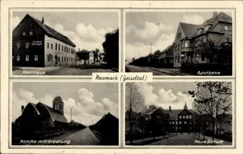 Ak Neumark in Sachsen, Vierteilige : Gasthaus, Apotheke, Kirche, Neue Schule