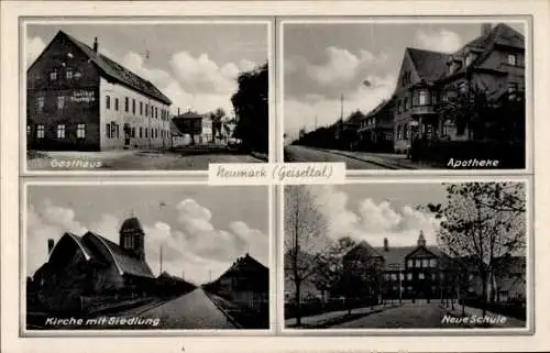 Ak Neumark in Sachsen, Gasthaus, Apotheke, Kirche mit Siedlung, Neue Schule, Neumark (Geiseltal)