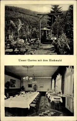 Ak Finsterbergen Friedrichroda im Thüringer Wald, Garten mit Hochwald, Innenansicht Gaststube, Li