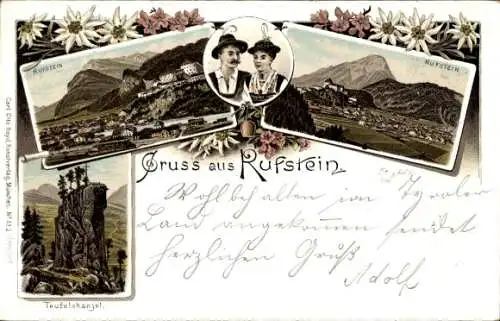 Litho Kufstein in Tirol, Gesamtansicht, Panorama, Paar in Tracht, Teufelskanzel