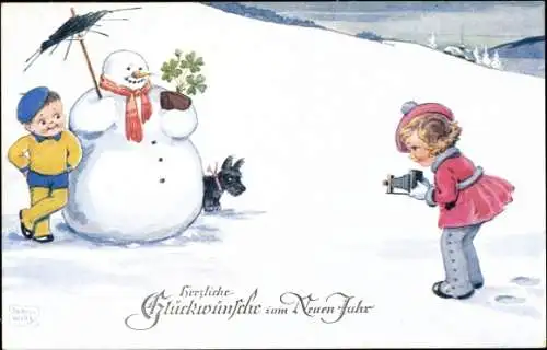 Künstler Ak Wills, John, Fröhliches Neujahr, Schneemann, Mädchen mit Fotoapparat