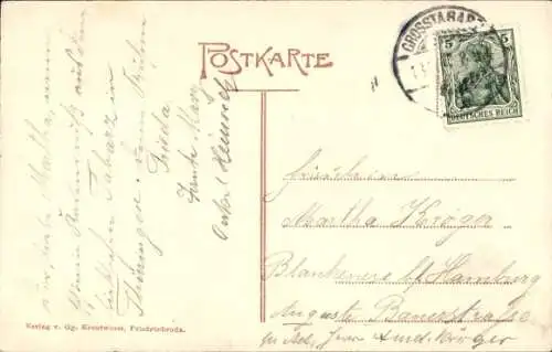 Ak Frau in Thüringer Tracht, Korb, Regenschirm