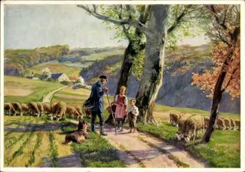 Künstler Ak Hey, P., Am Wege, Hirte, Kinder, Schafe
