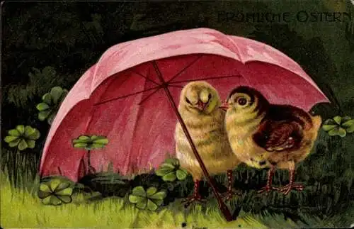 Ak Glückwunsch Ostern, Küken unter einem Regenschirm
