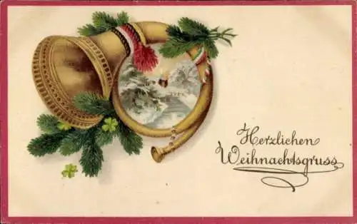 Ak Frohe Weihnachten, Tannenzweige, Glücksklee, Horn